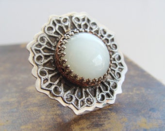 Big Moonstone Silver Ring - Moonstone Cocktail Ring - Moon and Lace Sterling Silver Ring - Recycled Artisan Ring - Round Metalwork Ring