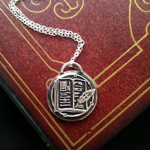 Librariancore Jewelry, Silver Book Necklace, Wax Seal Necklace, Bookworm Necklace, Spell Book Necklace, Teacher gift, Introvert gift