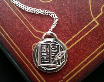 Book Necklace, Silver Book Necklace, Book Charm, Charm Necklace, Wax Seal Necklace, Wax Seal Jewelry, Bookworm Necklace, Spell Book