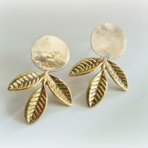 Dot Sterling Silver Studs - Mixed Metal Leaves Earrings - Leaf Silver Studs - Leaf Gold Studs - Leaf Jewelry - Modern Dot Silver Studs