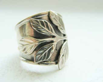 Silver Leaf Ring - Silver Wide Band Ring - Sterling Silver Armor Ring - Adjustable Silver Ring - Sterling Silver Flower Ring - Leaf Jewelry