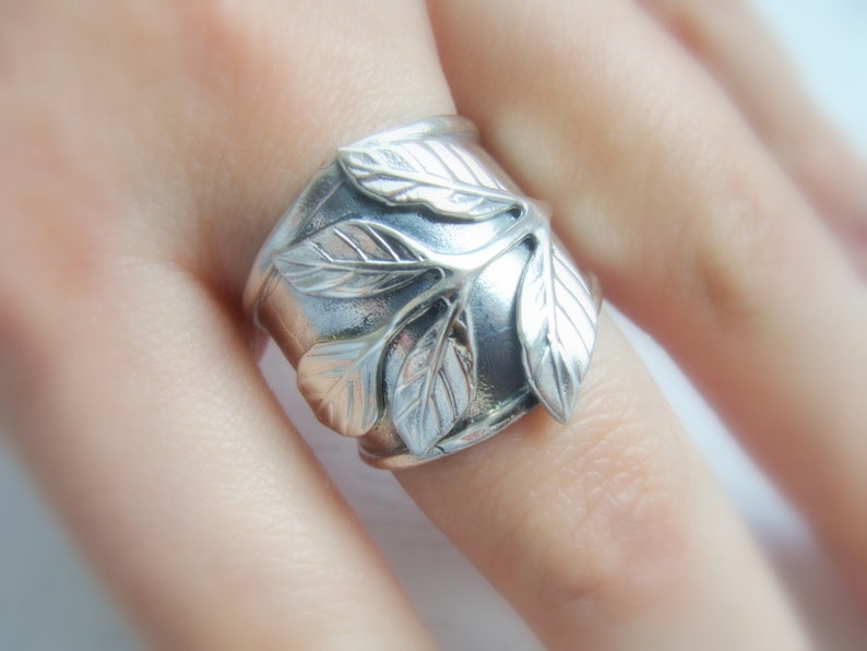 Silver Leaf Ring Silver Wide Band Ring Sterling Silver Armor Ring Adjustable Silver Ring Sterling Silver Flower Ring Leaf Jewelry image 5