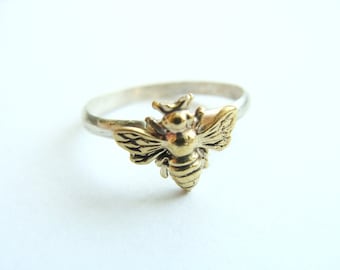 Bee Silver Ring - Bee Ring Silver and Brass Ring - Bee Stack Ring - Gold bee stacking ring - Sterling Silver Bee Ring - Gift Ideas for Her