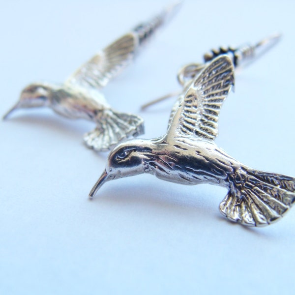 Silver Bird Earrings - Bird Earrings Sterling Silver - Humming Bird Earrings - Humming Bird Silver Jewelry - Realistic Bird Jewelry