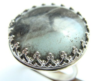 Blue Moon Silver Ring - Night Sky Ring - Round Silver Ring - Moon Jewelry - Winter Jewelry - Blue Black Stone Ring - Night Sky Jewelry