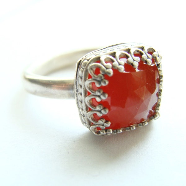 Silver Square Ring - Big Square Carnelian Ring - Faceted Carnelian Cushion Ring- Square Stacking Ring -  Orange Ring - Solitaire Silver Ring