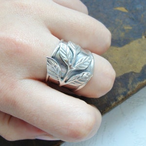 Silver Leaf Ring Silver Wide Band Ring Sterling Silver Armor Ring Adjustable Silver Ring Sterling Silver Flower Ring Leaf Jewelry image 3
