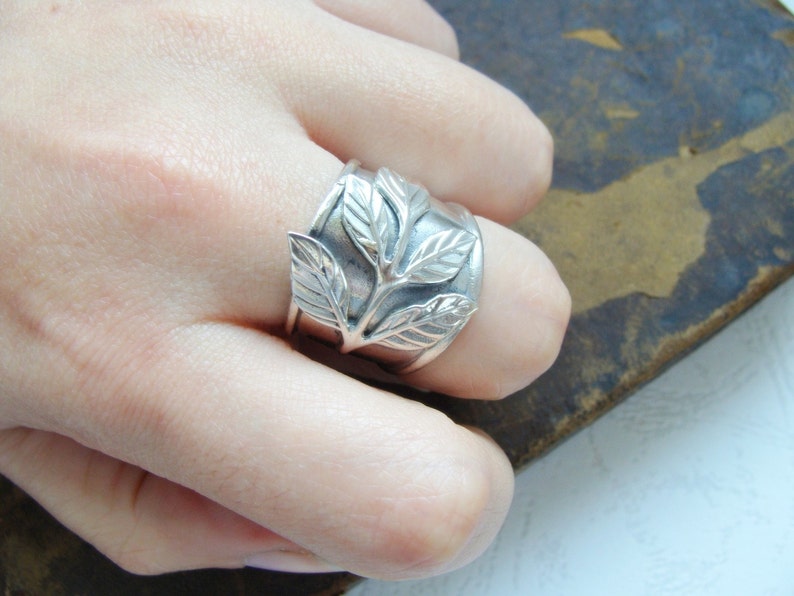 Silver Leaf Ring Silver Wide Band Ring Sterling Silver Armor Ring Adjustable Silver Ring Sterling Silver Flower Ring Leaf Jewelry image 3