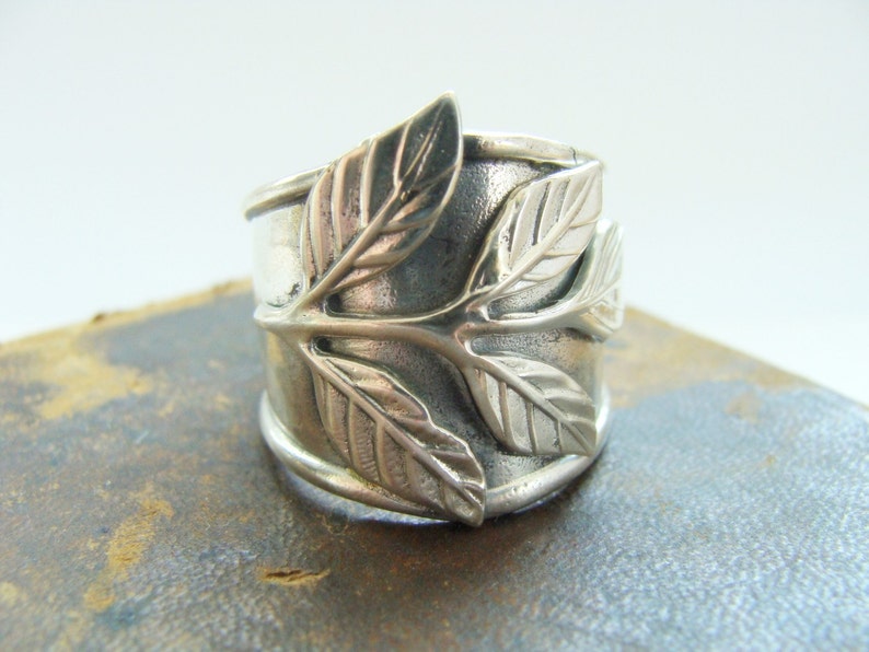 Silver Leaf Ring Silver Wide Band Ring Sterling Silver Armor Ring Adjustable Silver Ring Sterling Silver Flower Ring Leaf Jewelry image 2