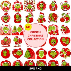 Puede incluir: Una colección de 60 diseños navideños con temática de Grinch en formatos SVG y PNG. Las imágenes presentan al Grinch en varias poses, con un gorro de Papá Noel y sosteniendo regalos u adornos. Los diseños son en rojo, verde y blanco.