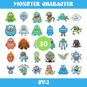 May include: A collection of 30 colorful monster character illustrations arranged in a grid. The characters feature various shapes, sizes, and expressions, including creatures labeled with text like SLIMY, FLUFF, LUMPY, TWIRLY SWIRLY, and ZAPPY.