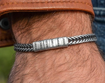 Personalized Dad Bracelet: Vintage Silver Stainless Steel, Custom Name Beads