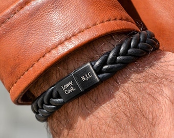 Engraved Leather Men's Bracelet: Personalized Braided Band, Magnetic Clasp