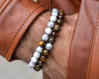 Tigers Eye & White Stone Bracelet Set - Mens Beaded Bracelet