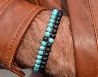 Men's Stone Bead Bracelet Set: Lava Stone, Tiger Eye, Malachite