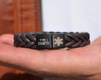 Custom Men's Leather Bracelet: ID Medical Alert Bracelet, Engraved Family Names, Personalized Anniversary & Birthday Gift for Dad
