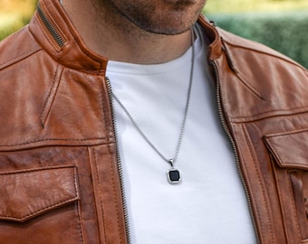 Men's Black Onyx Pendant Necklace: Personalized Stainless Steel Jewelry