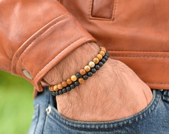 Mens Stone Bracelet Set: Lava Stone, Tiger Eye, Adjustable Gift