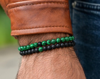 Men's Stone Bead Bracelet Set: Lava Stone, Tiger Eye, Malachite