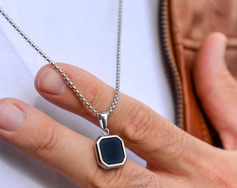 Black Onyx Stainless Steel Necklace, Personalized Compass Pendant