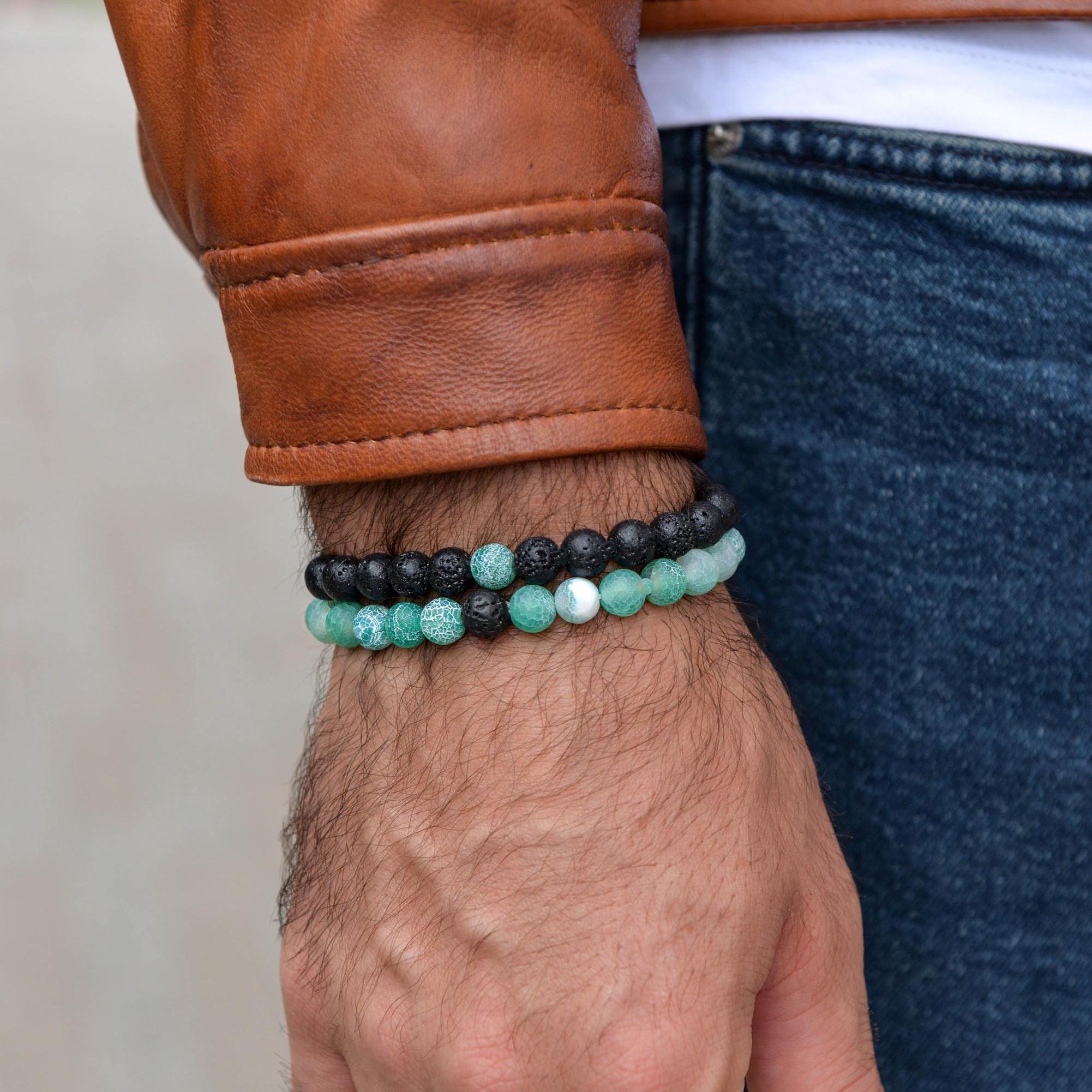 Bracciale Con Perline Da Uomo In Occhio Di Tigre, Chiusura A Moschettone Personalizzata In Argento Da - Foto 2