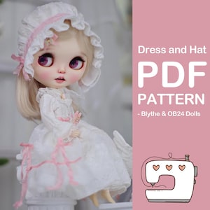 Op de afbeelding: Een wit jurkje en hoed naaipatroon voor Blythe en OB24 poppen. Het patroon is een PDF-download en bevat een illustratie van een naaimachine.