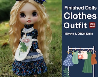 Blythe Doll Dress Outfit, Finished OB24 Doll Dress, Retro Blue Flower Dress, Blythe Doll Dress Outfit, Flower Apron, Finished Dress