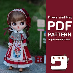 May include: A red and white dress and hat sewing pattern for Blythe and OB24 dolls. The pattern is a PDF download and includes a sewing machine graphic.