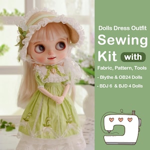 May include: A sewing kit for dolls, featuring a green dress with white lace trim and a white hat with lace trim. The kit includes fabric, patterns, and tools. It is suitable for Blythe & OB24 dolls, as well as BDJ 6 & BJD 4 dolls.