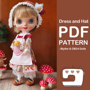 Könnte beinhalten: Ein PDF-Schnittmuster für ein Kleid und einen Hut für Blythe & OB24 Puppen. Das Schnittmuster beinhaltet ein weißes Kleid mit rotem und floralem Druck, eine rosa Schürze mit einem Pilz-Applikationen und einen weißen Spitzenhut mit einer roten Schleife.