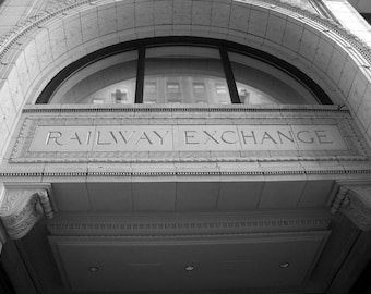 Black and White Railway Exchange Building Chicago Photography Home Decor Gift City Icon