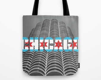 Marina Tower, Chicago with Chicago Text and Flag Photo Tote Bag