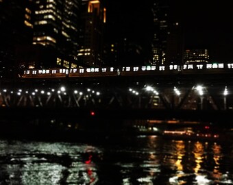 Chicago El and River at Night Original Color Photograph Home Decor Gift