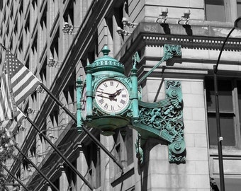 Marshall Fields Iconic Clock Photo Chicago Home Decor Gift Architecture Black and White