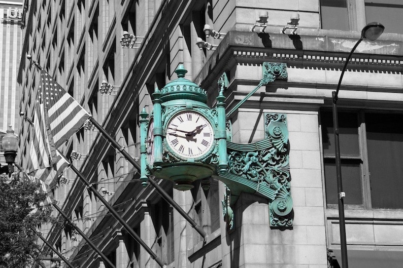 Marshall Fields Iconic Clock Photo Chicago Home Decor Gift Architecture Black and White image 1