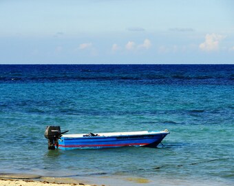 Blue Boat Red Stripe Ocean Beach Color Photo Home Decor Gift Tropical Water