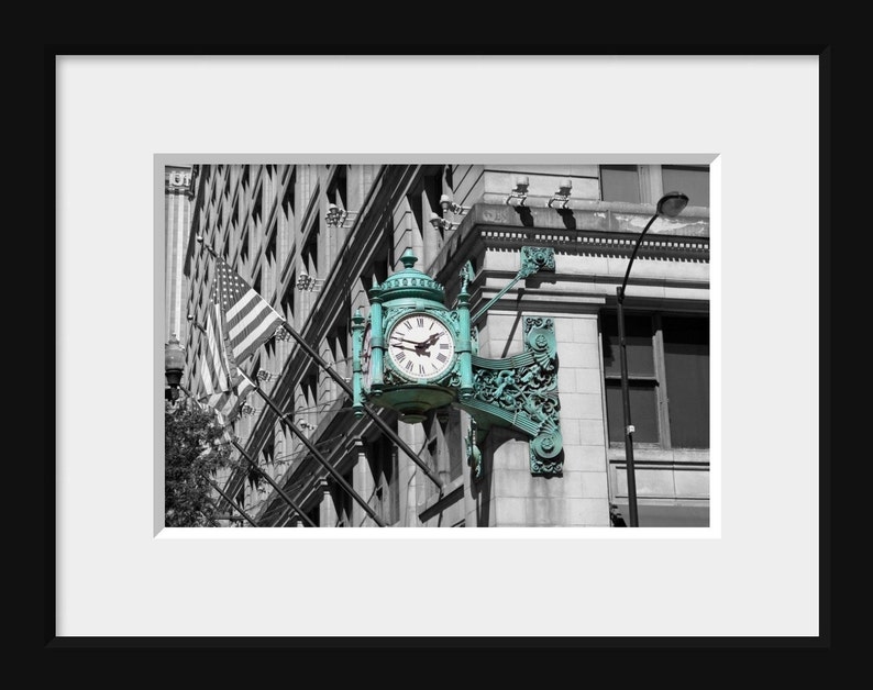 Marshall Fields Iconic Clock Photo Chicago Home Decor Gift Architecture Black and White image 2