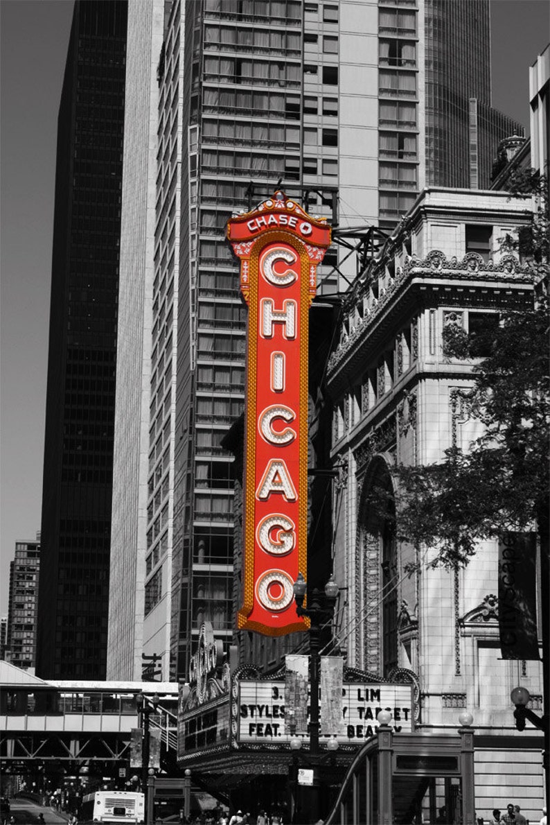 Black and White with Red Chicago Theater Sign Photography Chicago City Home Decor Gift Icon image 1