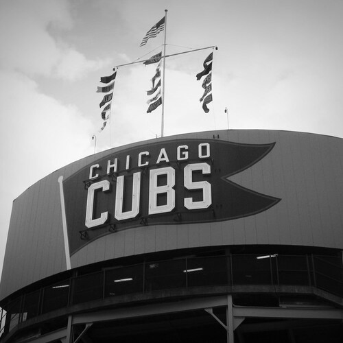 Chicago Cubs Wrigley Field dos du tableau des scores signe photo noir et blanc décoration d'intérieur cadeau sport icône de baseball