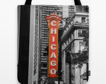 Black and White with Red Chicago Theater Sign Photo Tote Bag