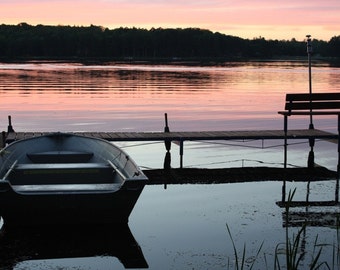 Boat and Pier Lake Pink Sunset Color Photo Outdoor Nature