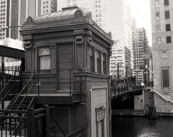 Black and White Bridge House Photograph Chicago River Home Decor Gift Classic