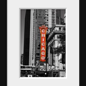 Black and White with Red Chicago Theater Sign Photography Chicago City Home Decor Gift Icon image 2
