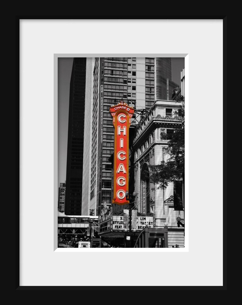 Black and White with Red Chicago Theater Sign Photography Chicago City Home Decor Gift Icon image 2