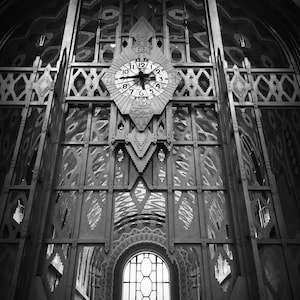 Clock in Guardian Building Detroit, Michigan Black and White Photo Architecture image 1