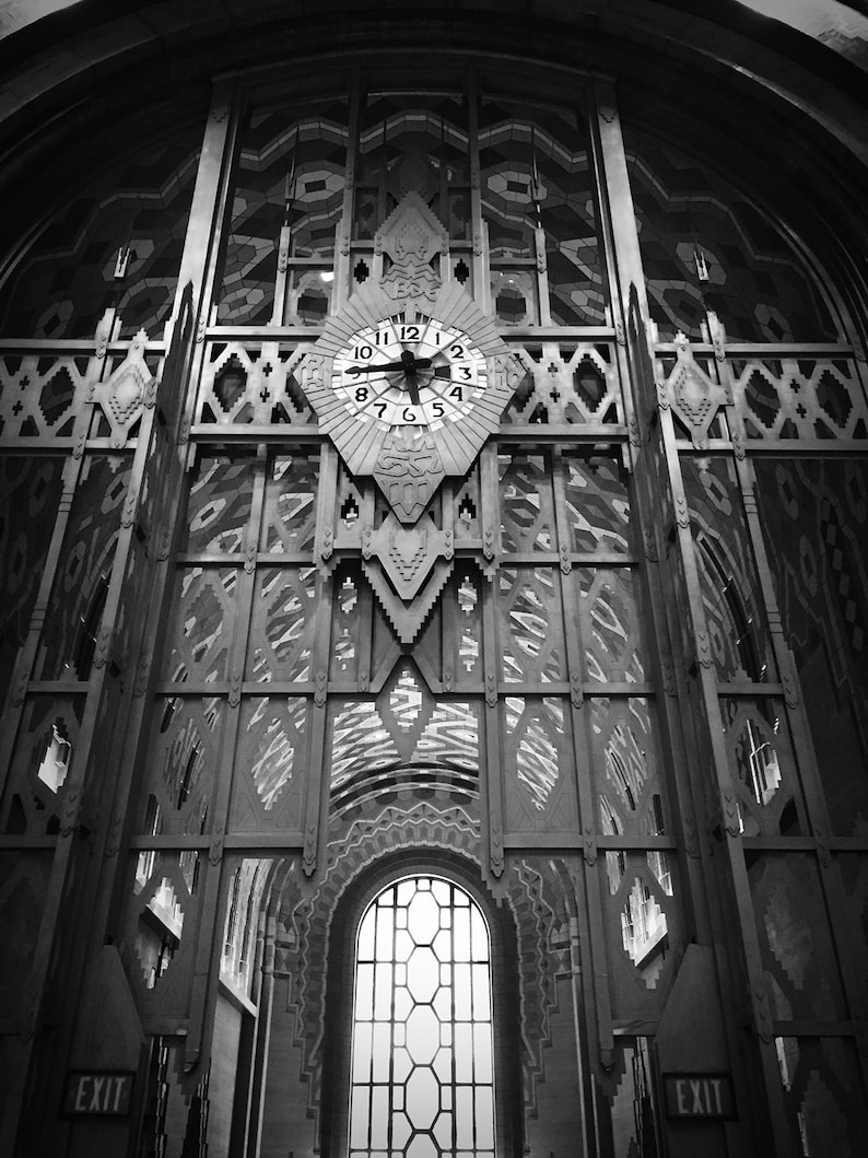 Clock in Guardian Building Detroit, Michigan Black and White Photo Architecture image 1