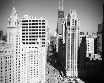 Looking down Michigan Avenue Buildings Original Black and White Photograph Home Decor Gift Icon