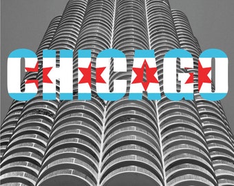 Marina Tower, Chicago with Chicago Text and Flag Original Fine Art Photography Architecture Gift Home Decor