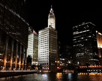 Wrigley Building and Chicago River at Night Original Color Photograph Home Decor Gift