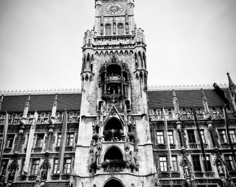 Glockenspiel in Marienplatz, Munich, Germany Black and White Photograph Home Decor Gift Architecture